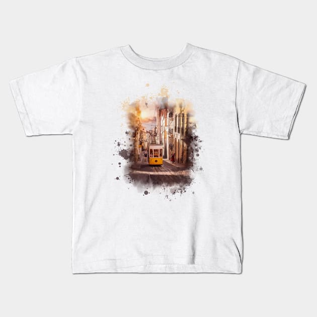 Lisbon Yellow Tram. Kids T-Shirt by PocketRoom